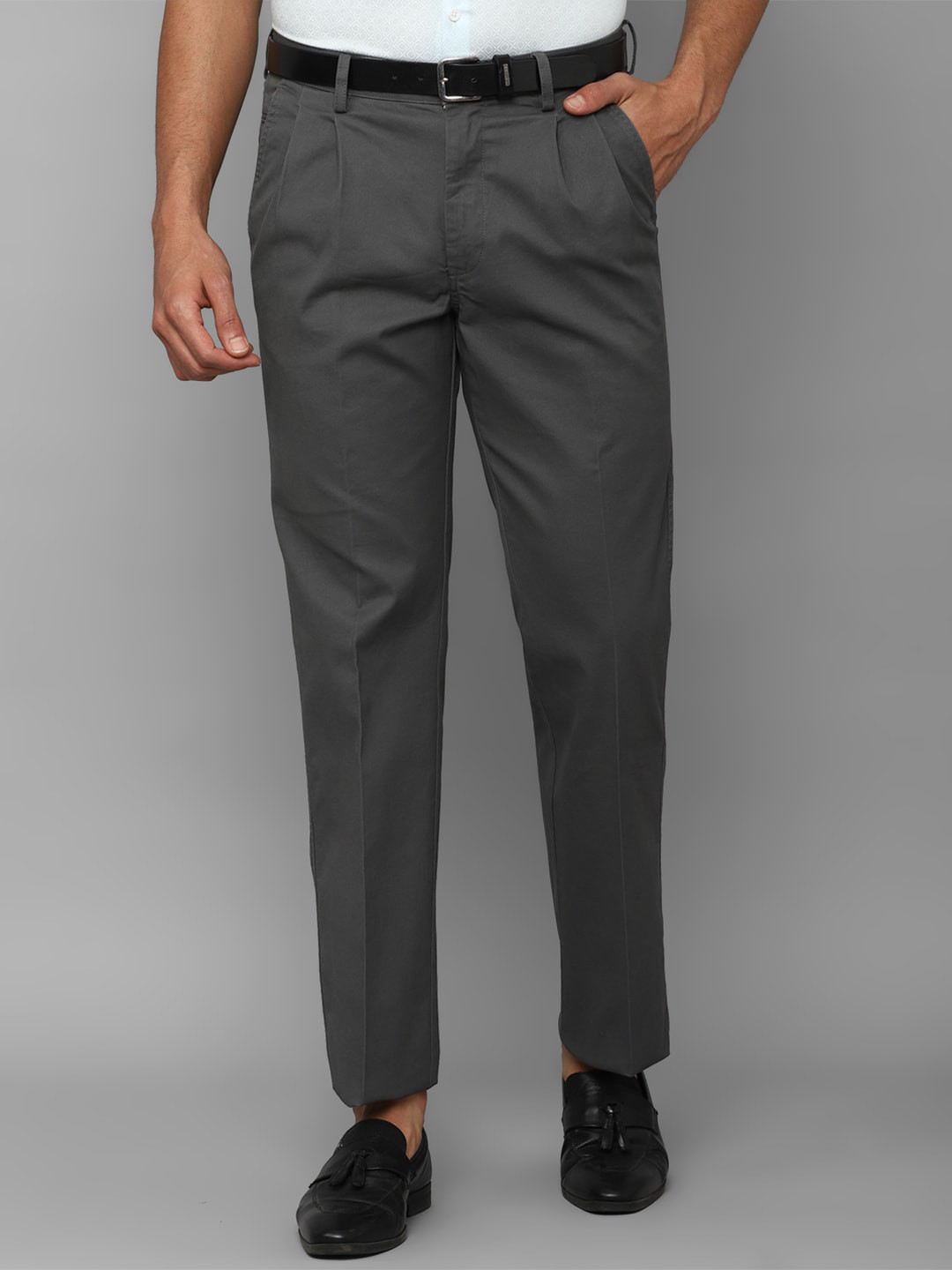

Allen Solly Men Cotton Pleated Regular Fit Mid-Rise Formal Trousers, Grey