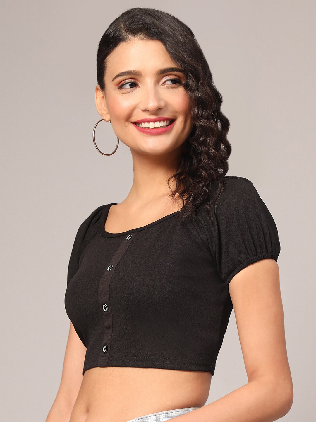 

Ekta Textiles Puff Sleeves Fitted Crop Cotton Top, Black