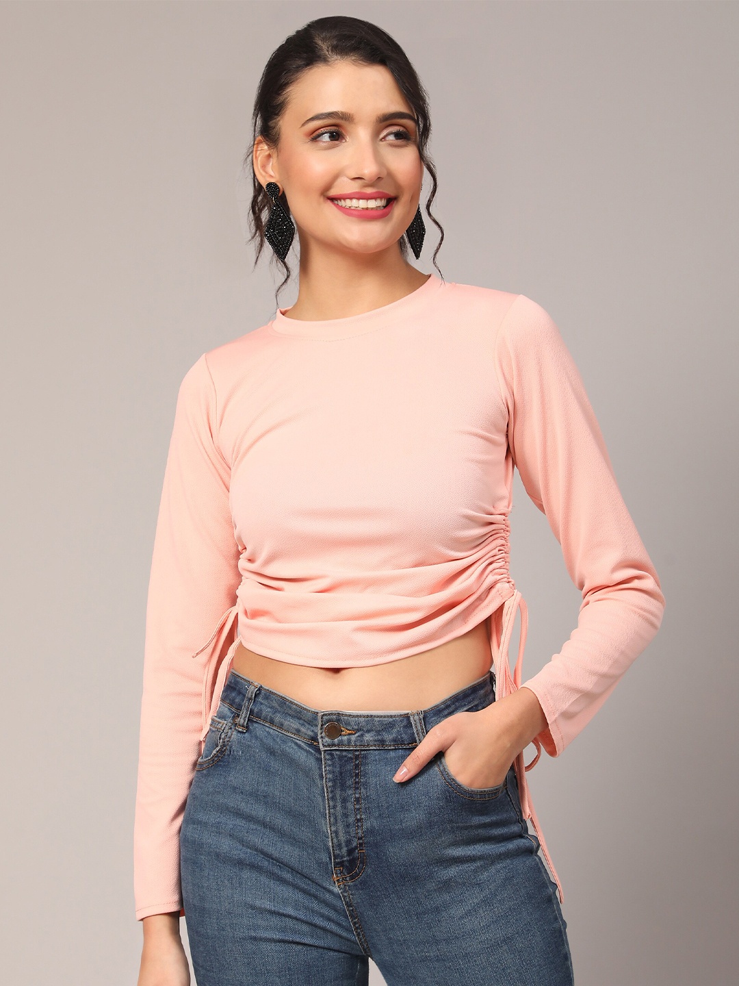 

Ekta Textiles Round Neck Tie Ups Cotton Crop Top, Peach