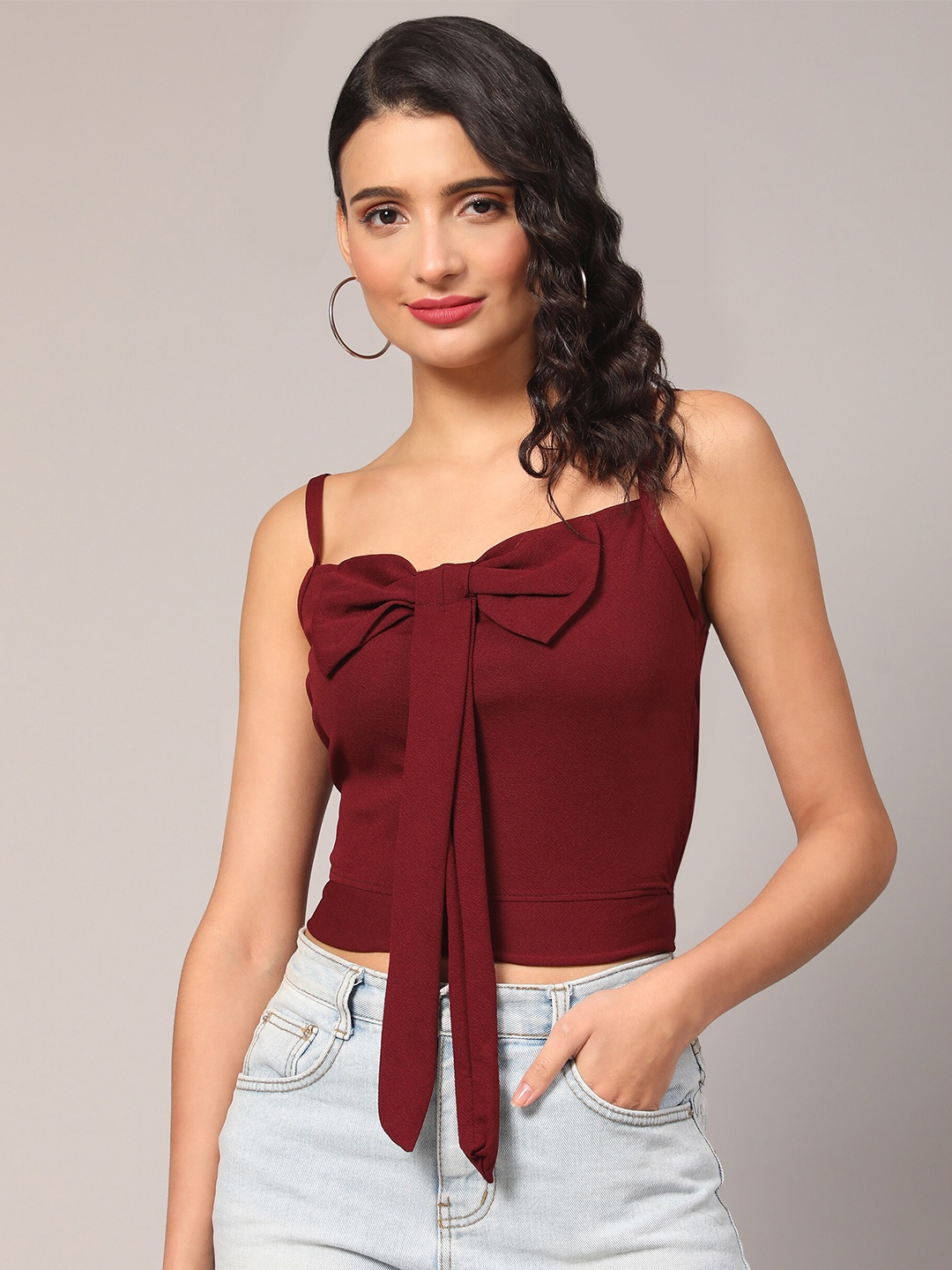 

Ekta Textiles Shoulder Straps Tie Up Bow Cotton Crop Top, Maroon