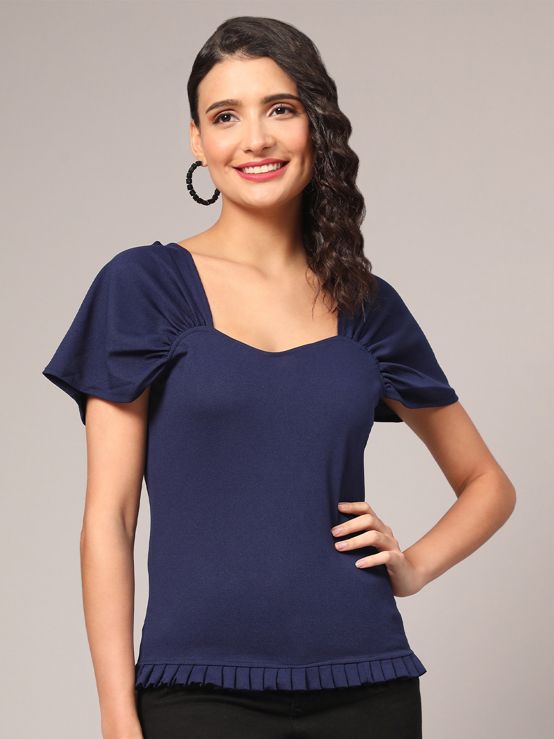 

Ekta Textiles Square Neck Flared Sleeves Pleated Top, Navy blue