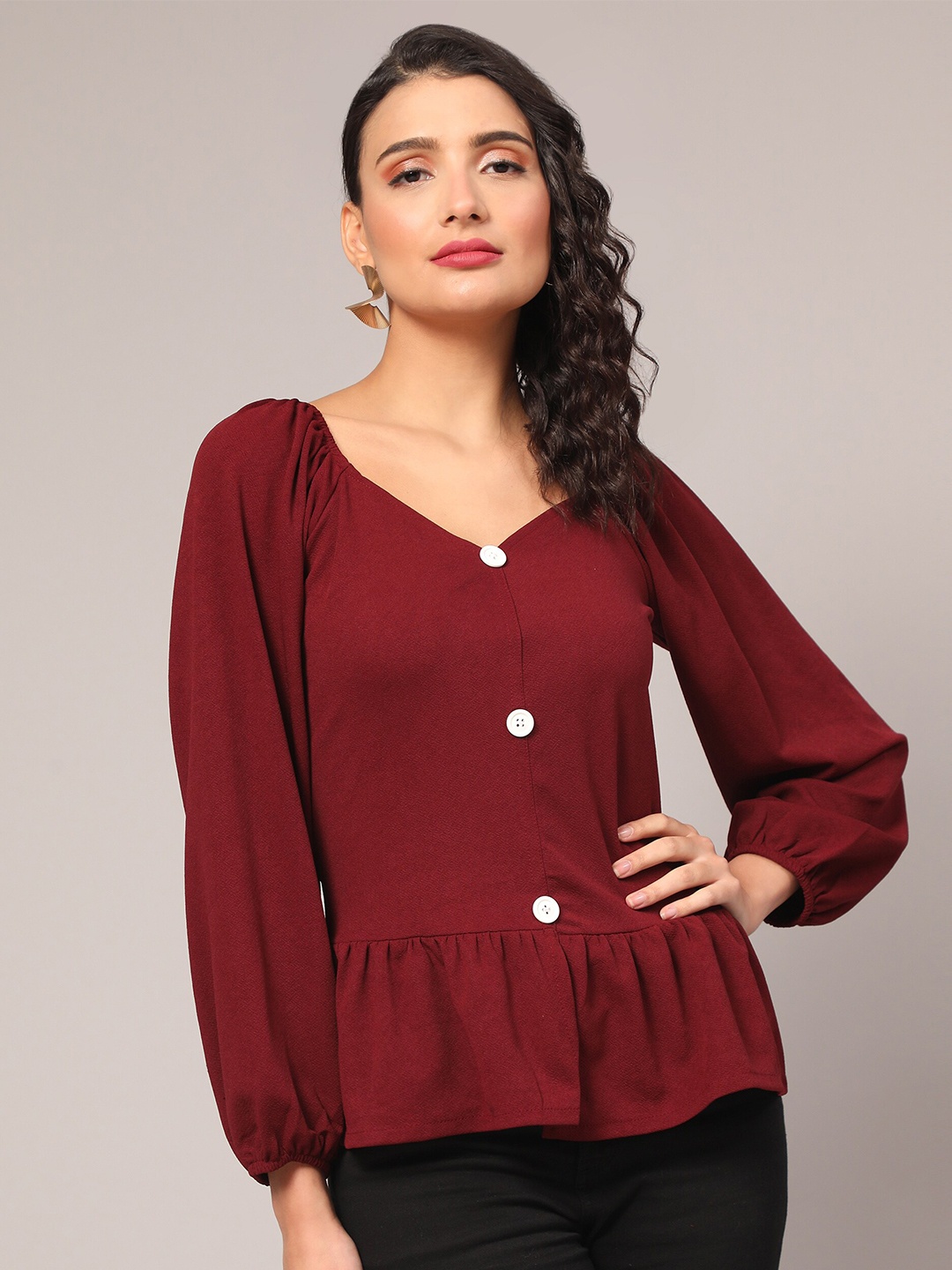 

Ekta Textiles V-Neck Puff Sleeves Cotton Lycra Peplum Top, Maroon