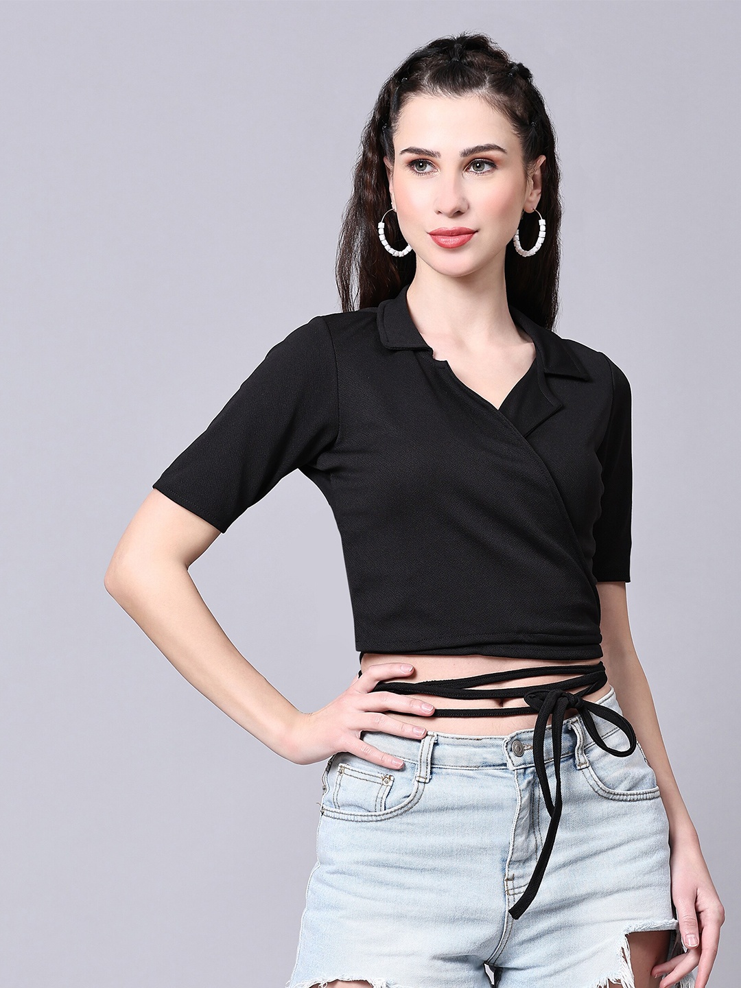 

Ekta Textiles Shirt Collar Waist Tie Up Detail Cotton Lycra Wrap Top, Black