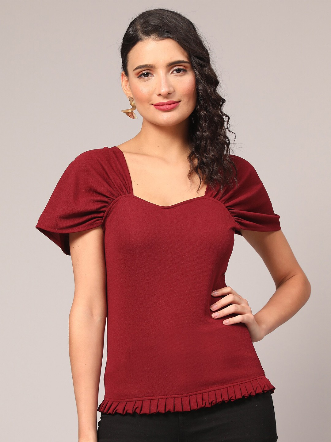 

Ekta Textiles Puff Sleeves Square Neck Knitted Top, Maroon