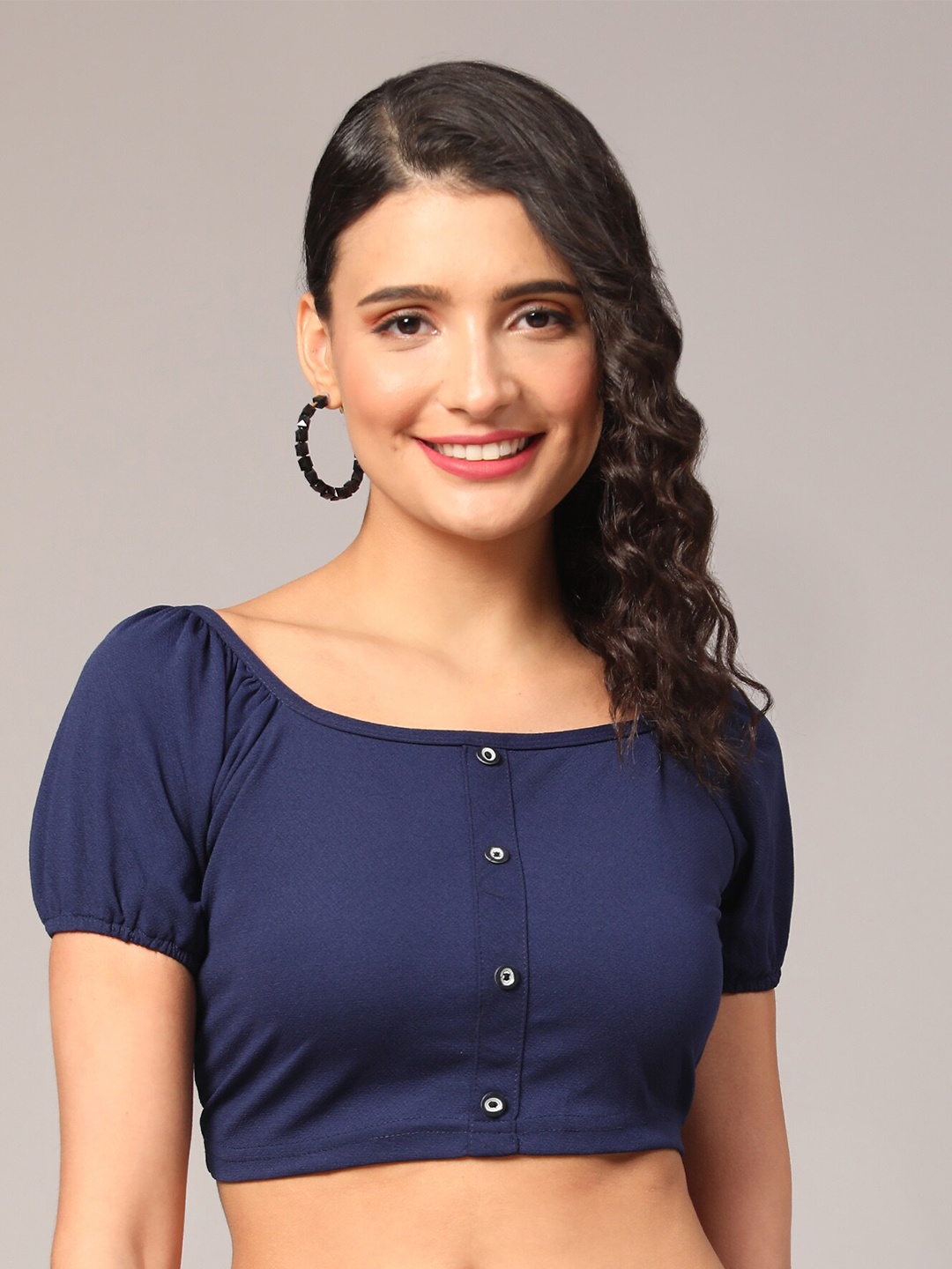 

Ekta Textiles Puff Sleeves Knitted Crop Top, Navy blue