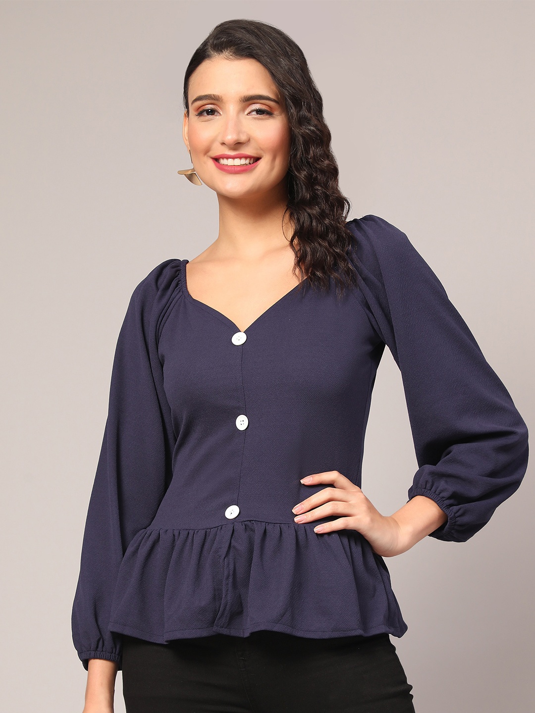 

Ekta Textiles Puff Sleeves Chinched Waist Top, Blue