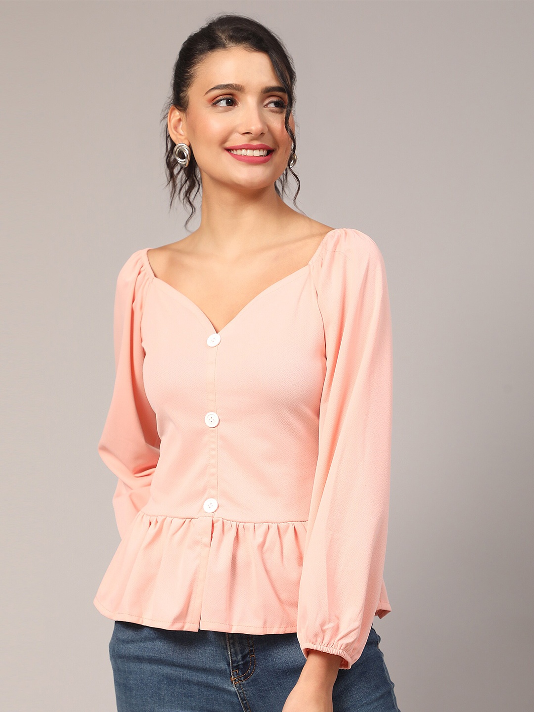

Ekta Textiles Sweetheart Neck Puff Sleeves Cotton Top, Peach
