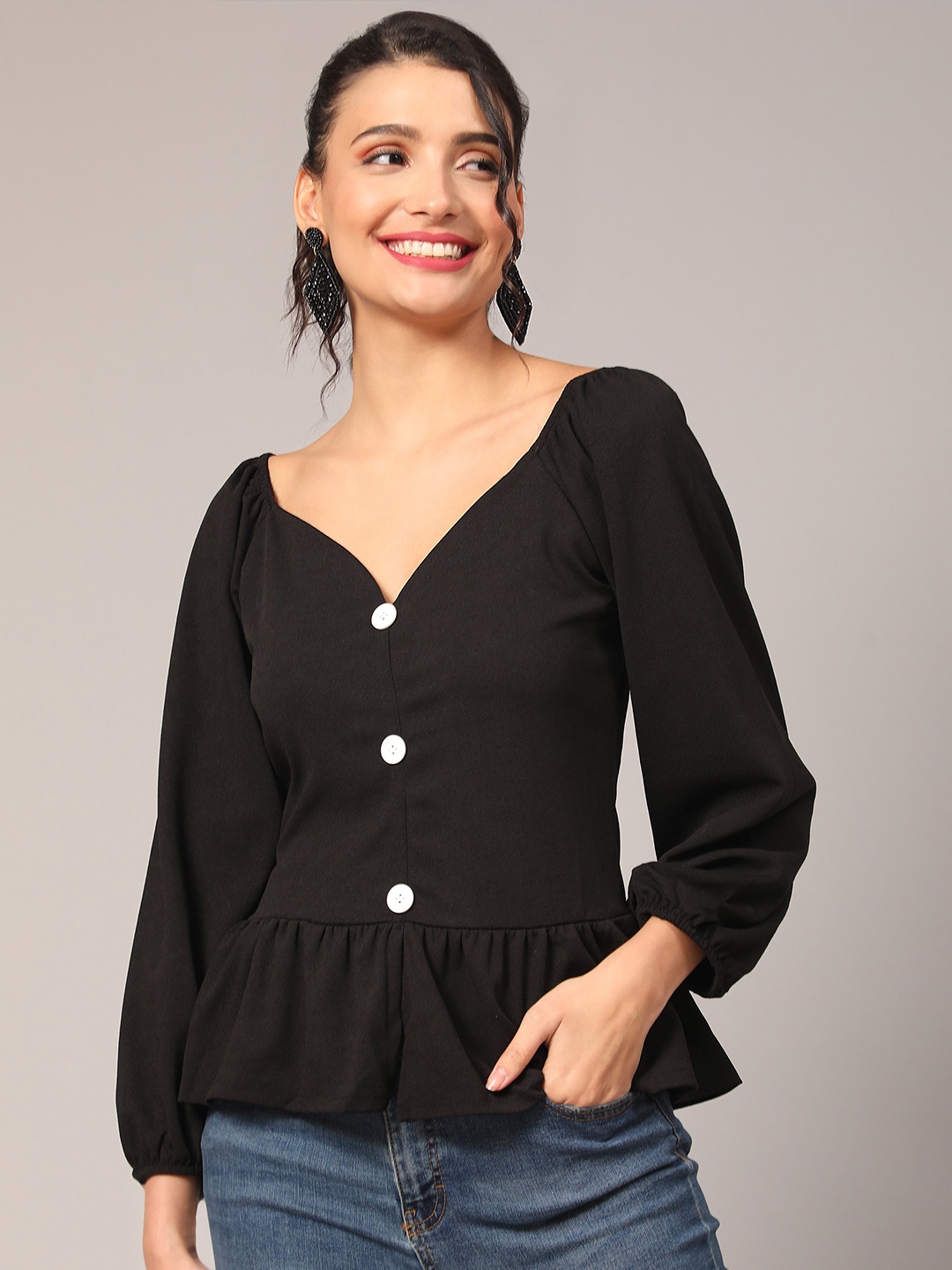 

Ekta Textiles Puff Sleeves Chinched Waist Top, Black