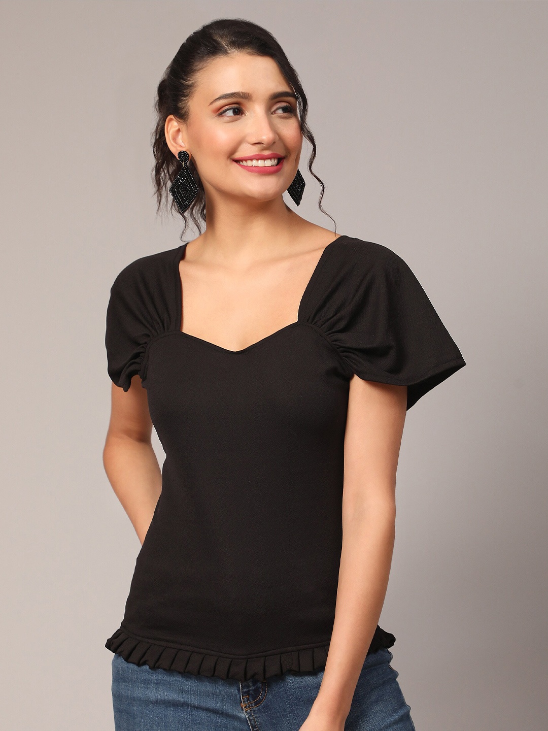

Ekta Textiles Puff Sleeves Gathered Fitted Top, Black