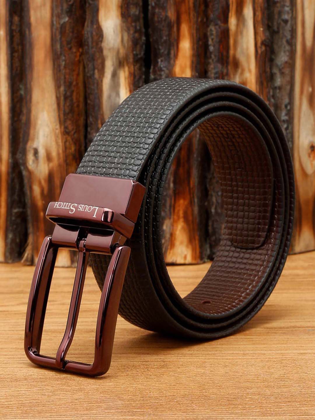 

LOUIS STITCH Men Reversible Textured Leather Belt, Black