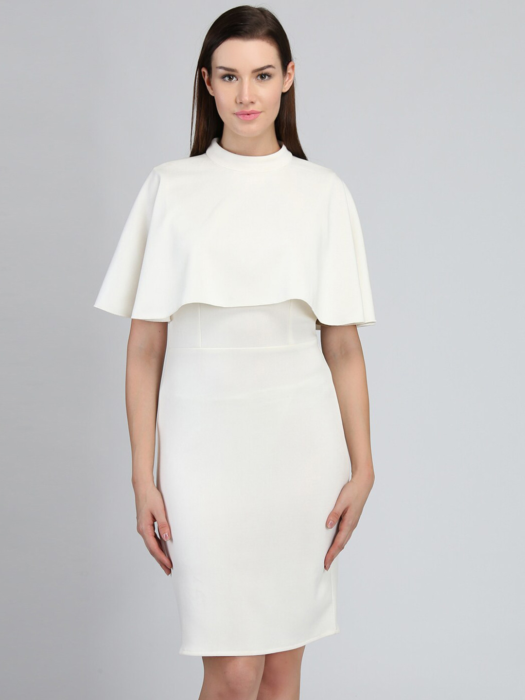 

DODO & MOA Round Neck Cape Sleeve Georgette Sheath Dress, Off white