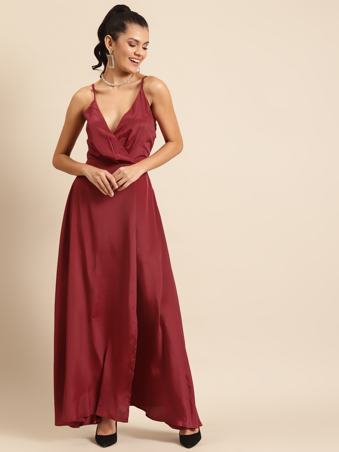 

DODO & MOA Shoulder Straps Satin Maxi Wrap Dress, Maroon