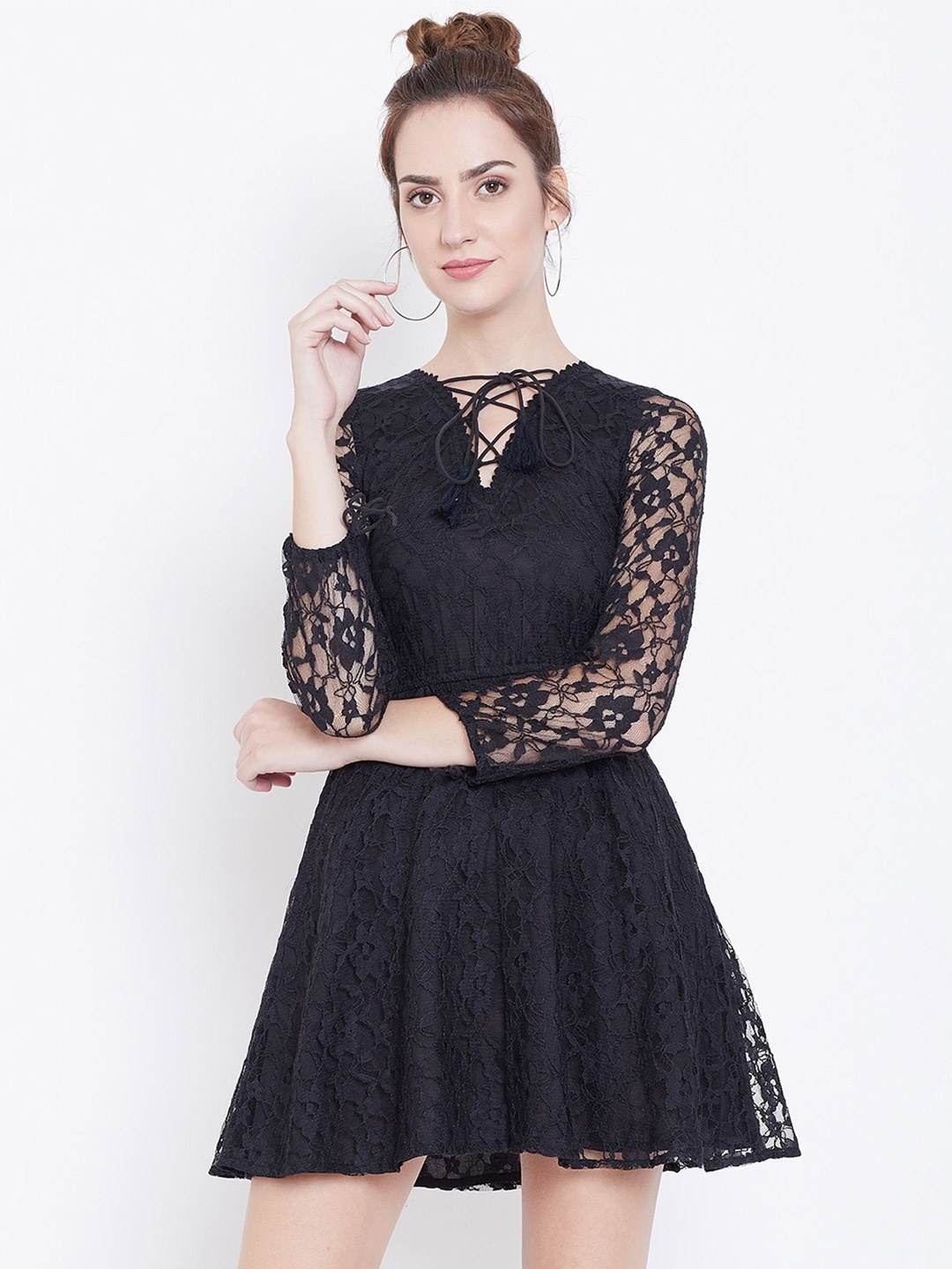 

DODO & MOA Tie-Up Neck Lace Mini Dress, Black