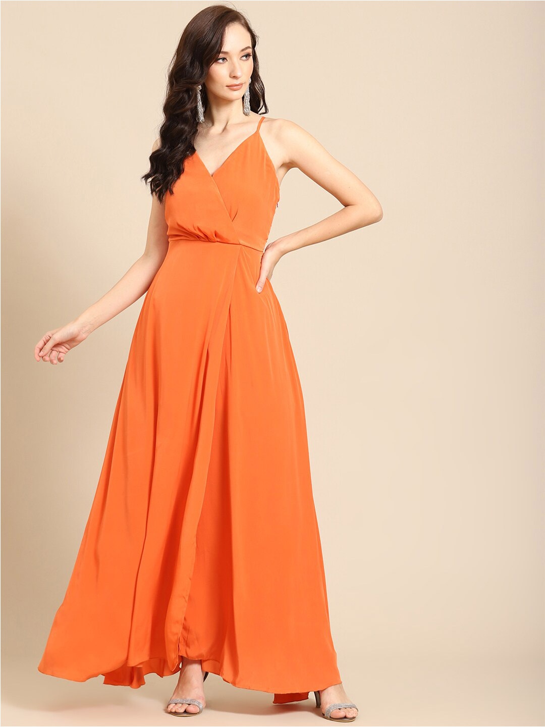 

DODO & MOA Shoulder Straps Satin Wrap Midi Dress, Orange