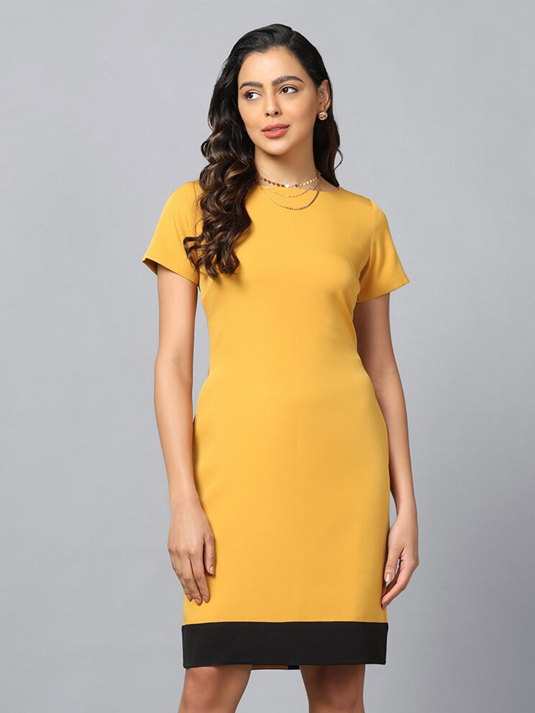 

PowerSutra Round Neck Formal Sheath Dress, Mustard