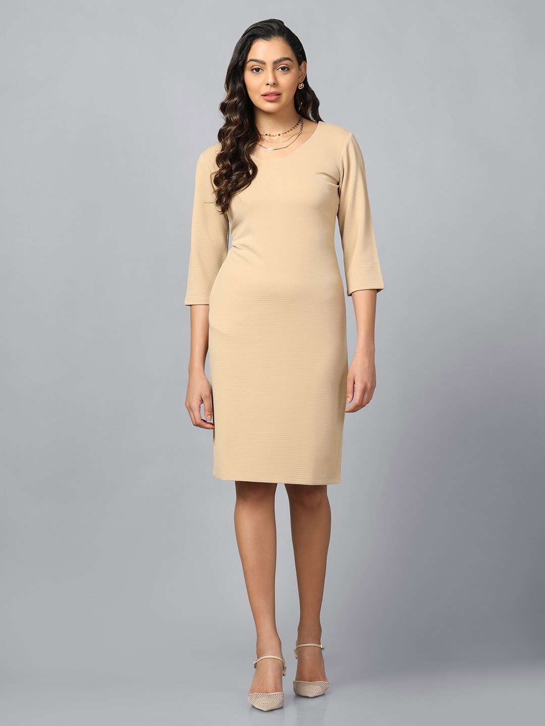 

PowerSutra V-Neck Stretch Formal Sheath Dress, Beige