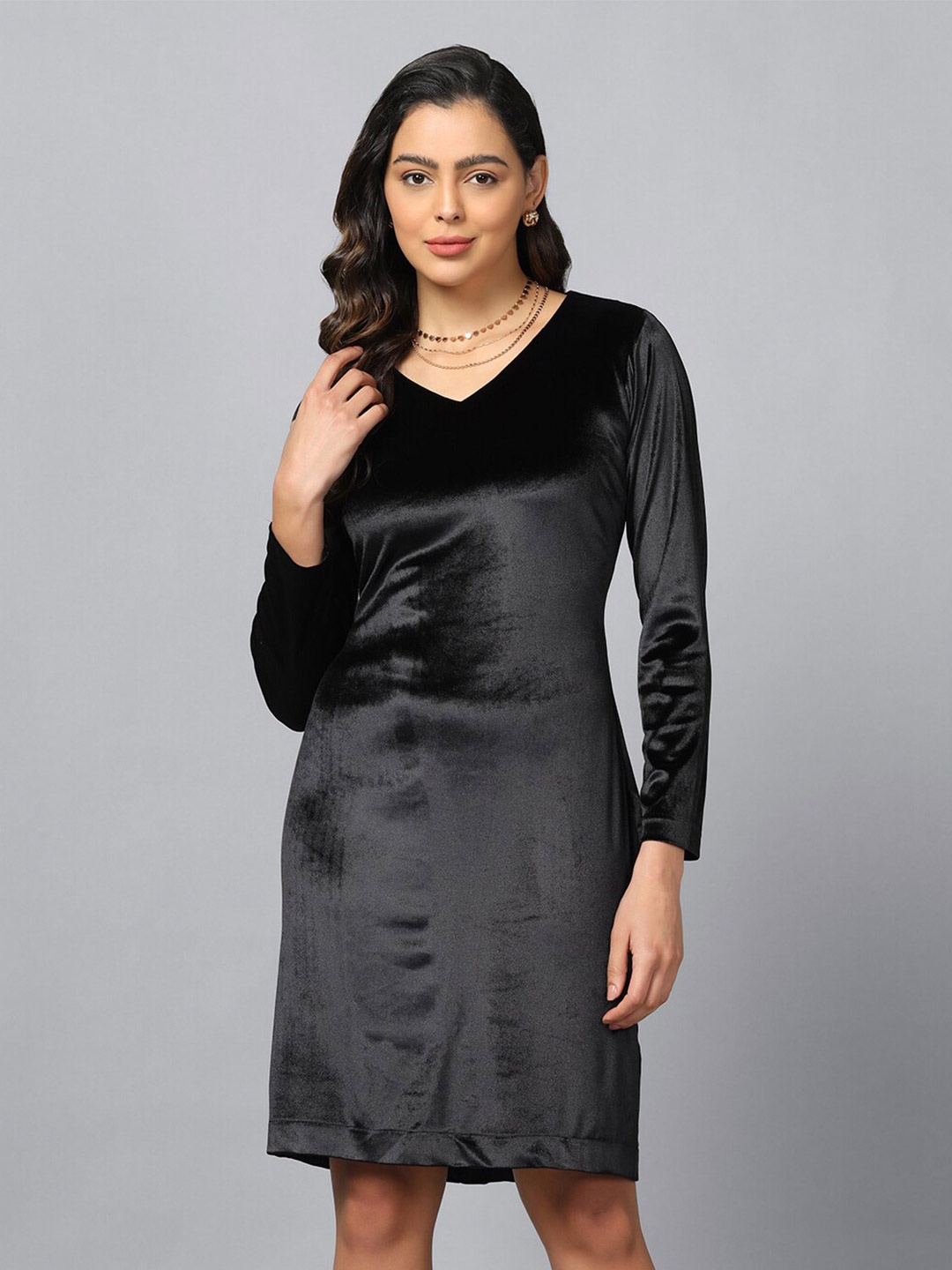 

PowerSutra V-Neck Velvet Sheath Dress, Black