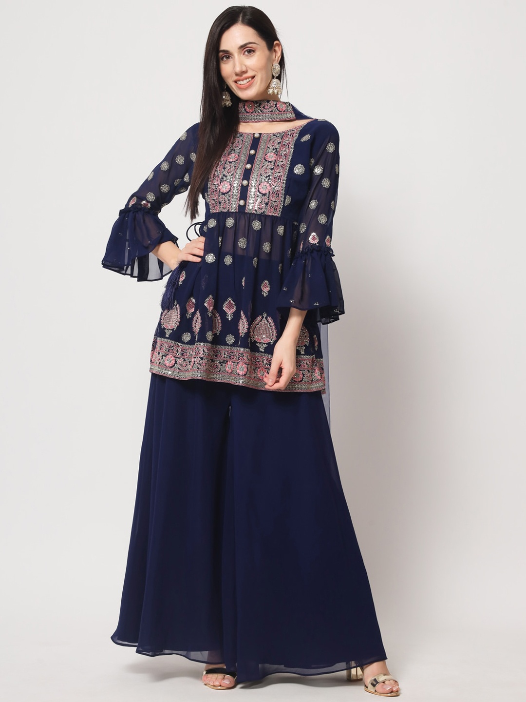 

KALINI Floral Embroidered Thread Work Kurti with Sharara & Dupatta, Navy blue
