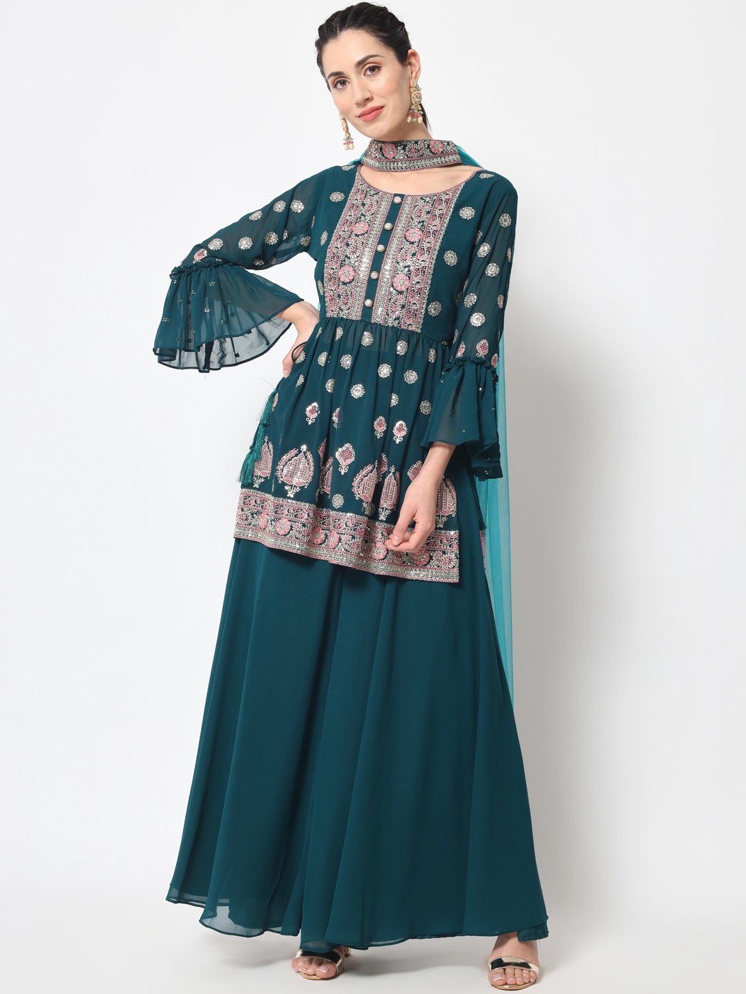

KALINI Floral Embroidered Sequined Georgette Anarkali Kurta with Palazzos & Dupatta, Teal
