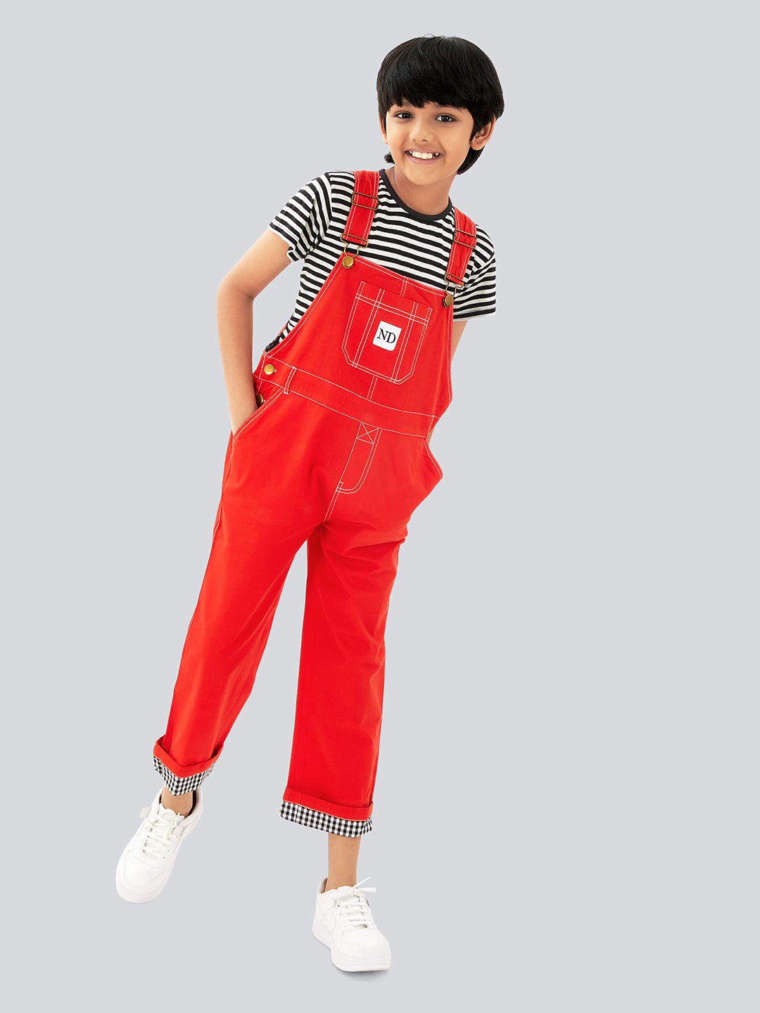 

Olele Boys Twill Cotton Slim Fit Dungaree With Contrast Hemfold, Red