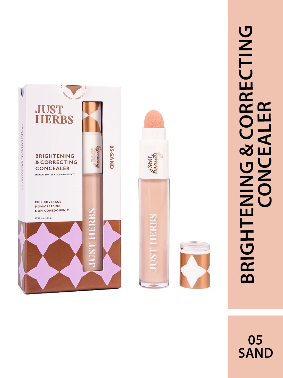 

Just Herbs 360degBeauty Full Coverage Brightening & Correcting Liquid Concealer- 6 ml Sand 05, Camel brown
