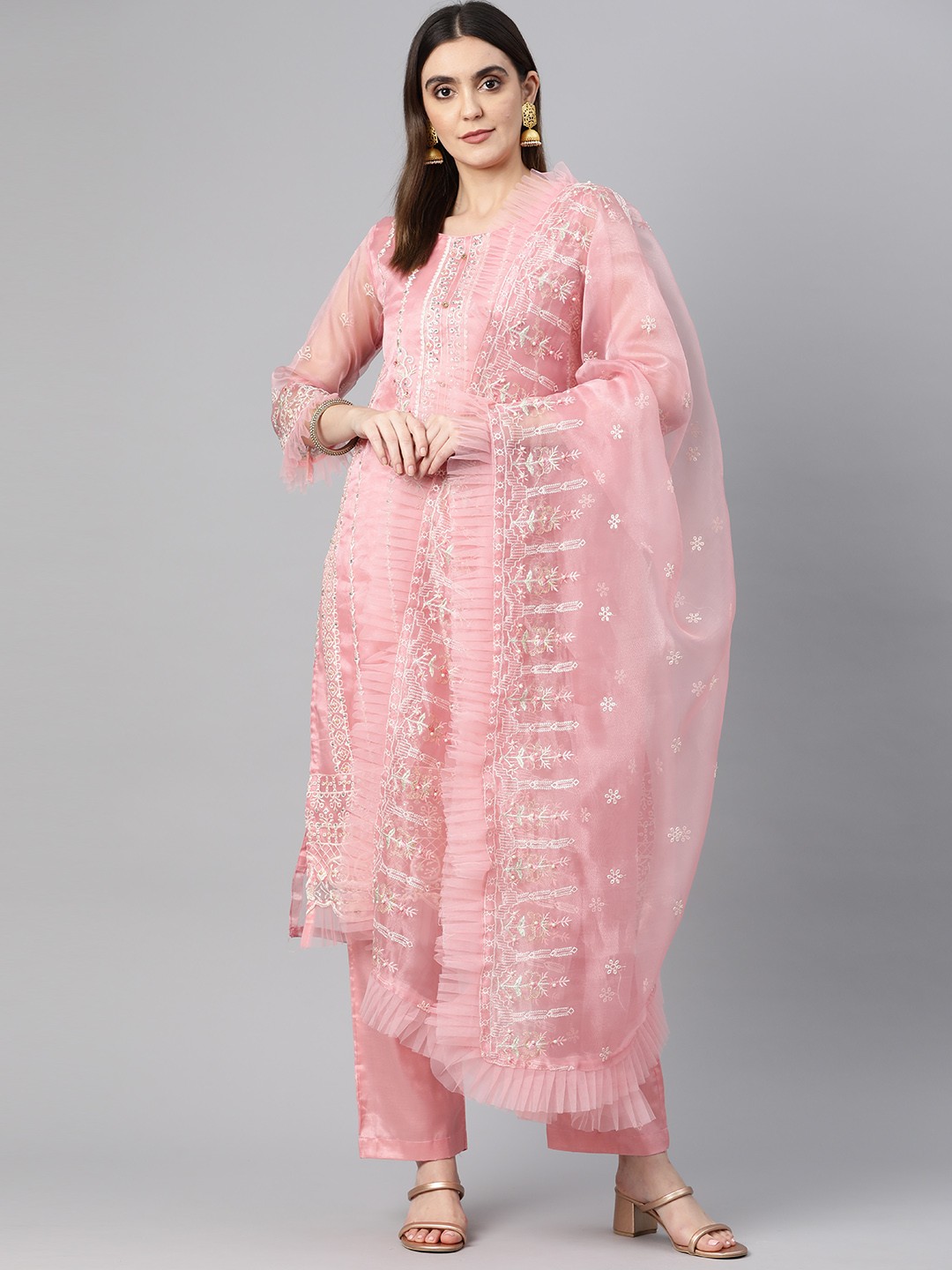 

Readiprint Fashions Embroidered Organza Semi-Stitched Dress Material, Pink