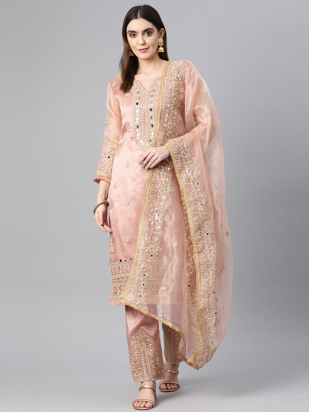 

Readiprint Fashions Embroidered Organza Semi-Stitched Dress Material, Peach