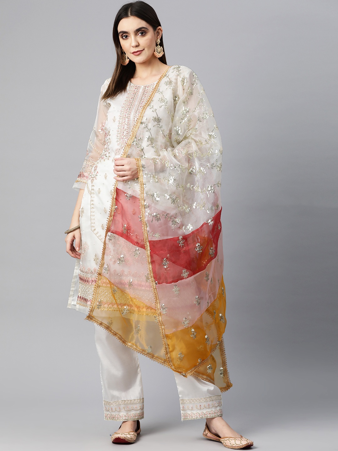 

Readiprint Fashions Straight Kurti with Bottom and Dupatta, Cream