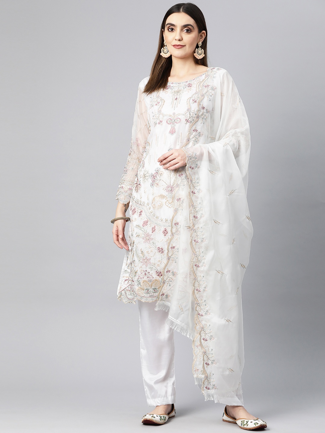 

Readiprint Fashions White Embroidered Organza Semi-Stitched Dress Material