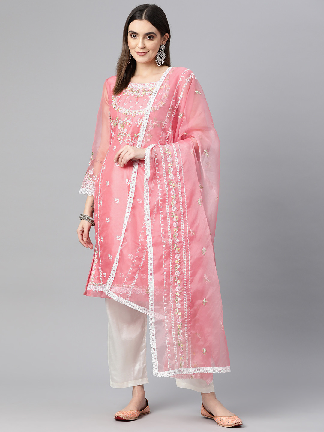 

Readiprint Fashions Peach-Coloured & White Embroidered Organza Semi-Stitched Dress Material