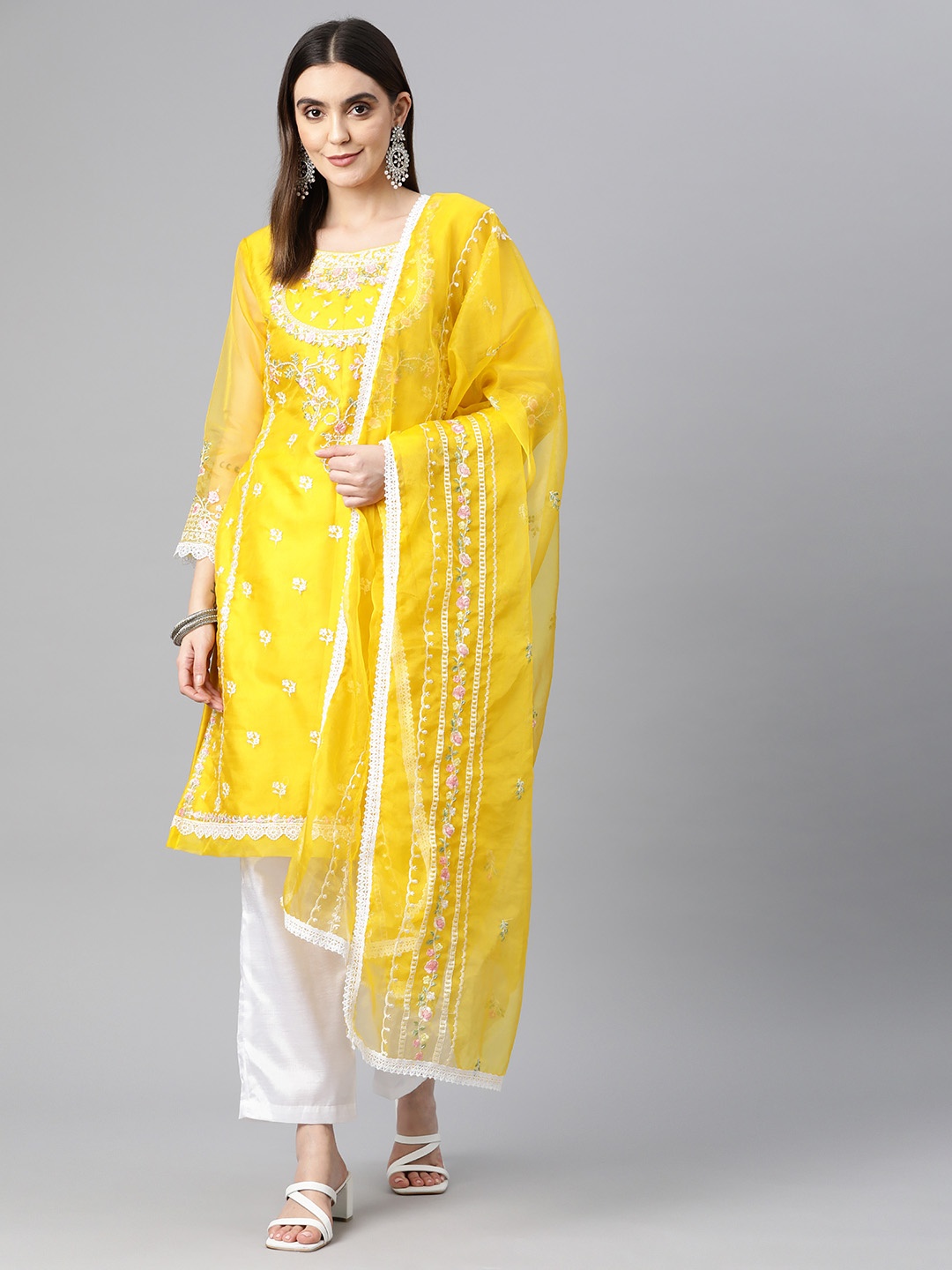 

Readiprint Fashions Yellow & White Embroidered Organza Semi-Stitched Dress Material