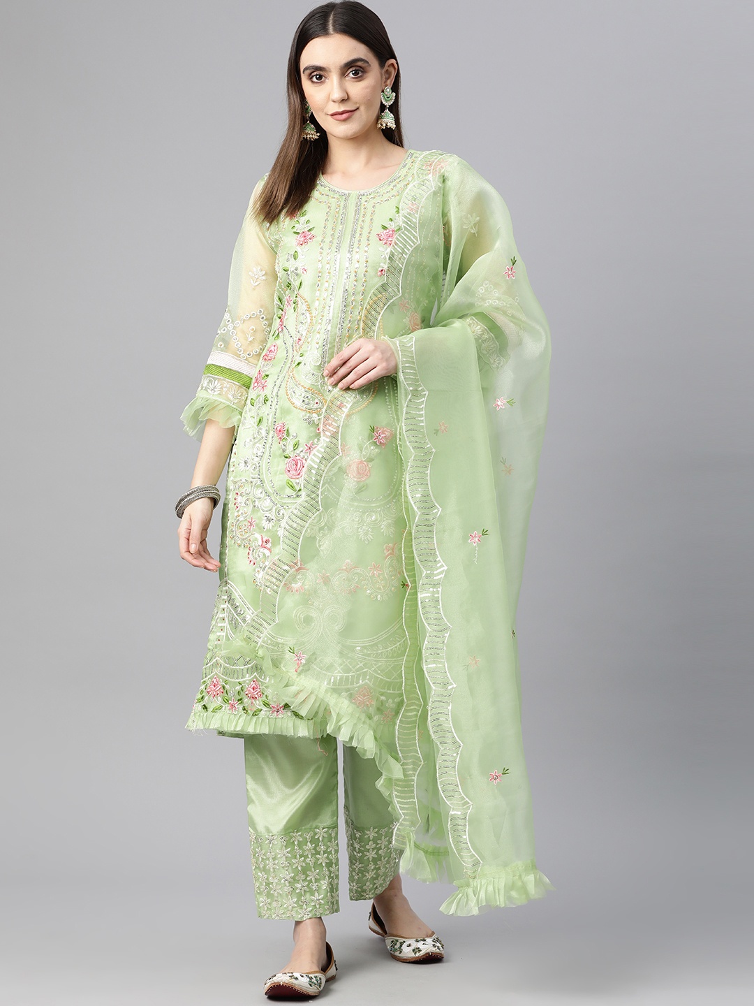 

Readiprint Fashions Green Embroidered Organza Semi-Stitched Dress Material