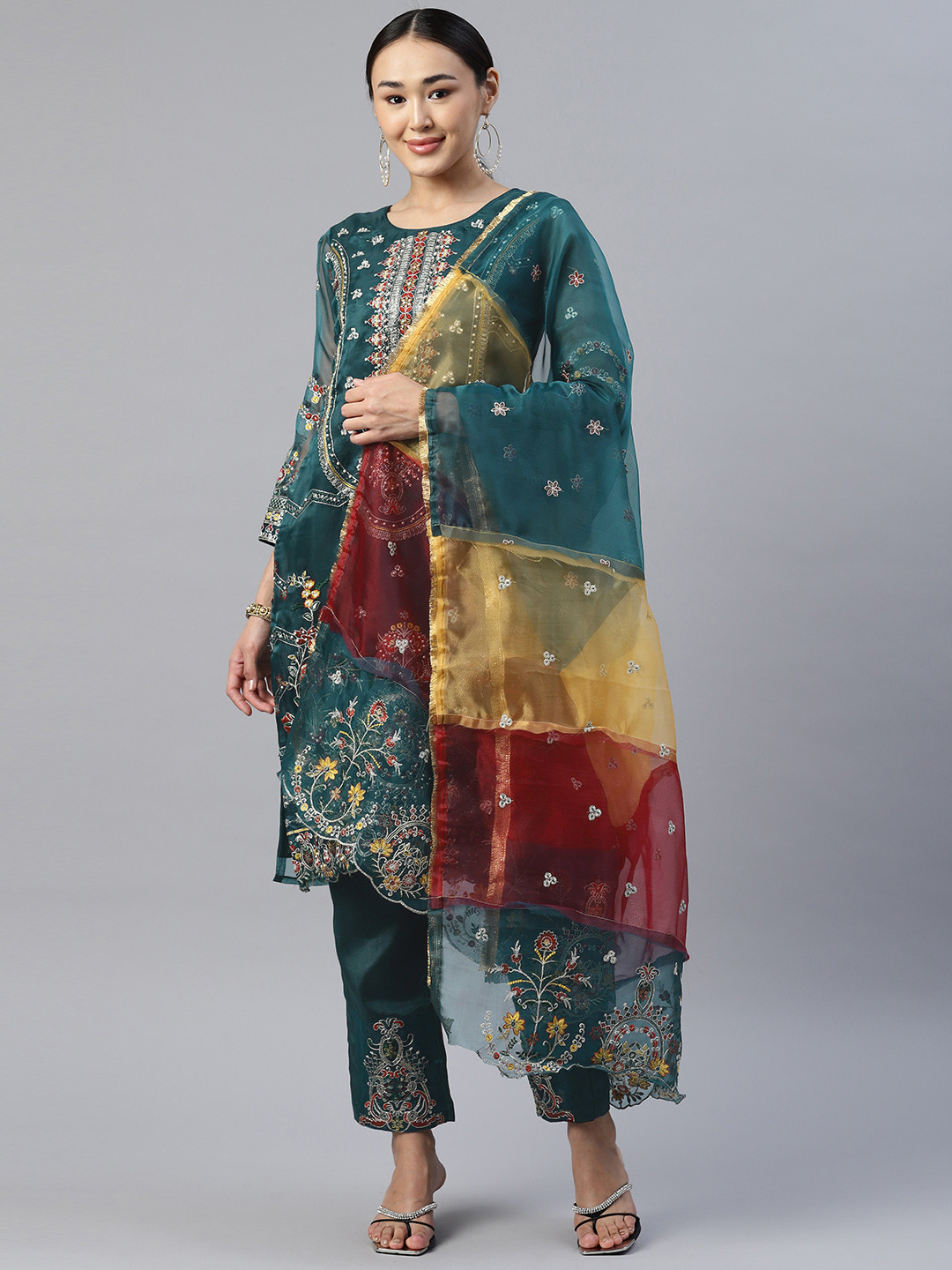 

Readiprint Fashions Embroidered Organza Semi-Stitched Dress Material, Teal