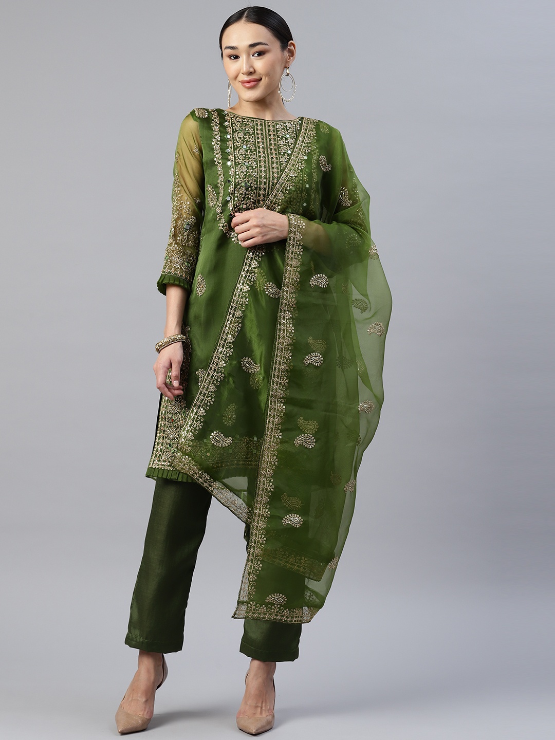 

Readiprint Fashions Green Embroidered Organza Semi-Stitched Dress Material