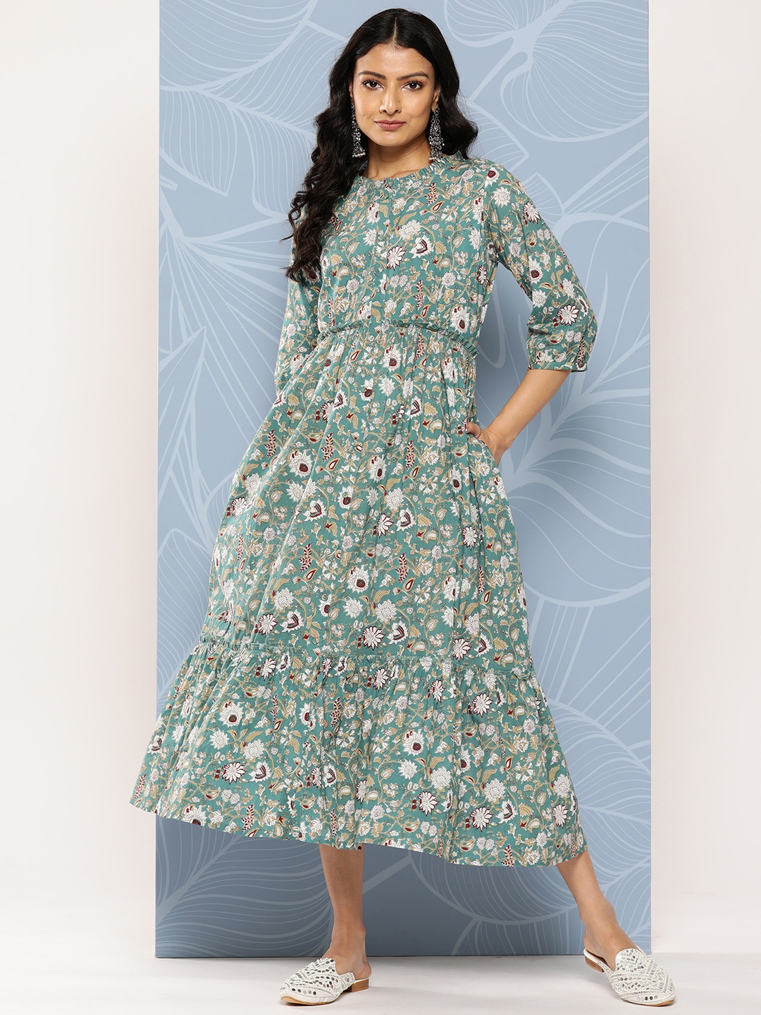 

Libas Green Floral Print Puff Sleeve Fit & Flare Maxi Dress