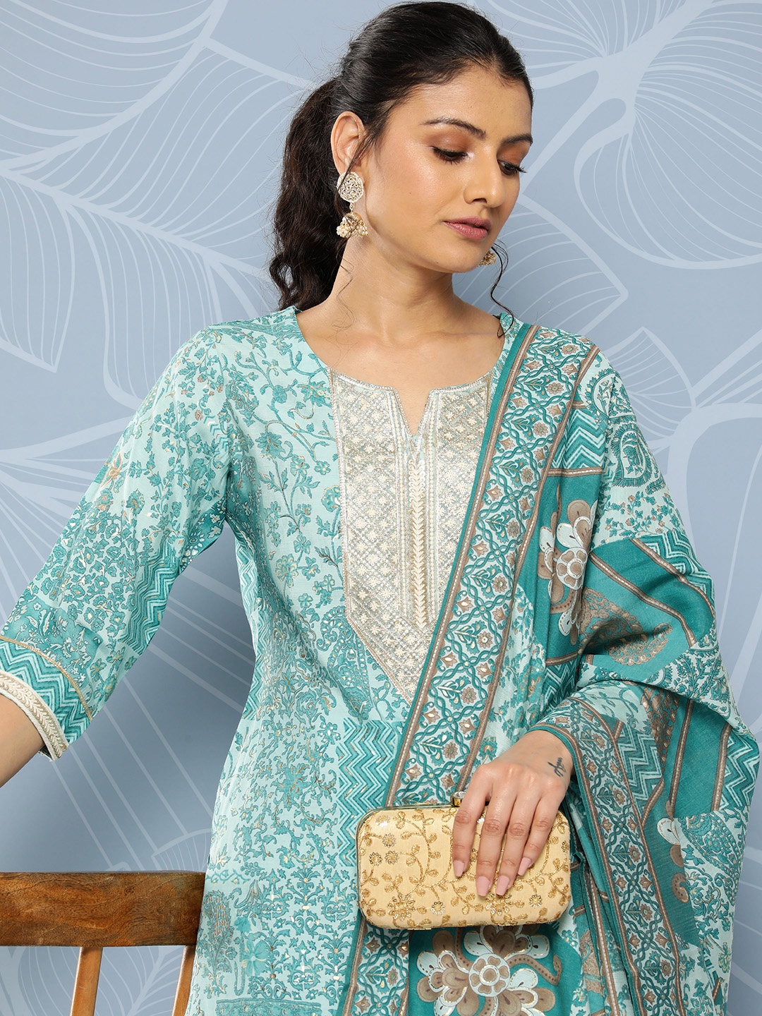 

Libas Floral Yoke Design Regular Kurta With Trousers & With Dupatta, Blue