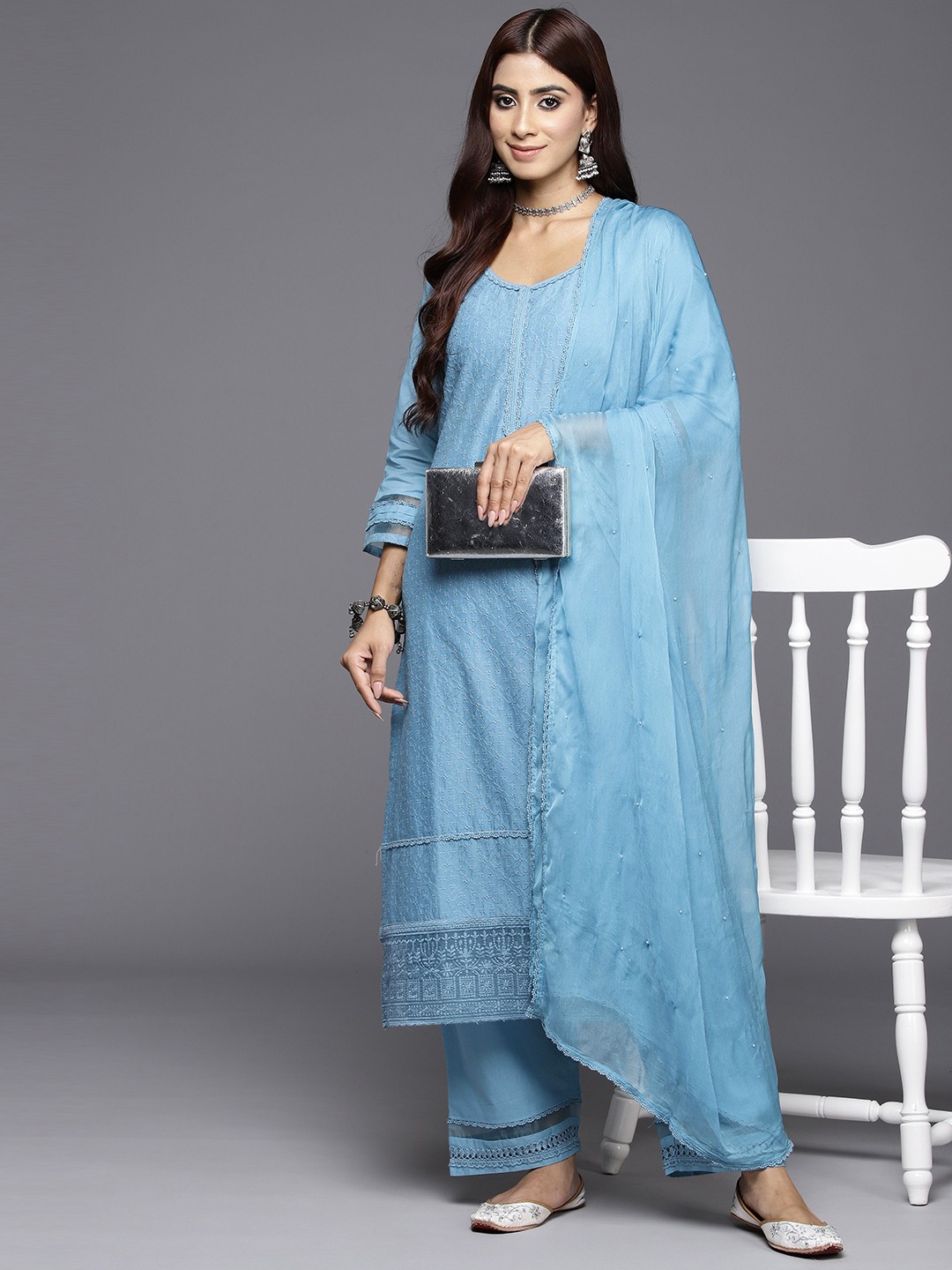 

Libas Floral Embroidered Thread Work Pure Cotton Kurta With Trousers & With Dupatta, Blue