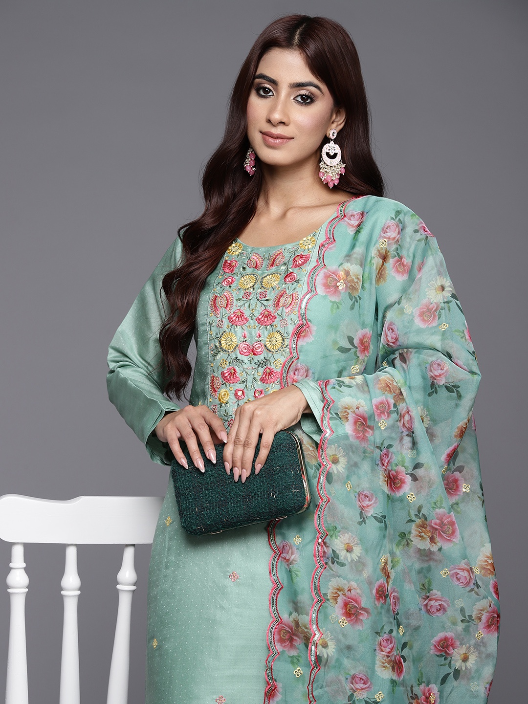 

Libas Floral Yoke Design Regular Thread Work Kurta with Trousers & Dupatta, Green