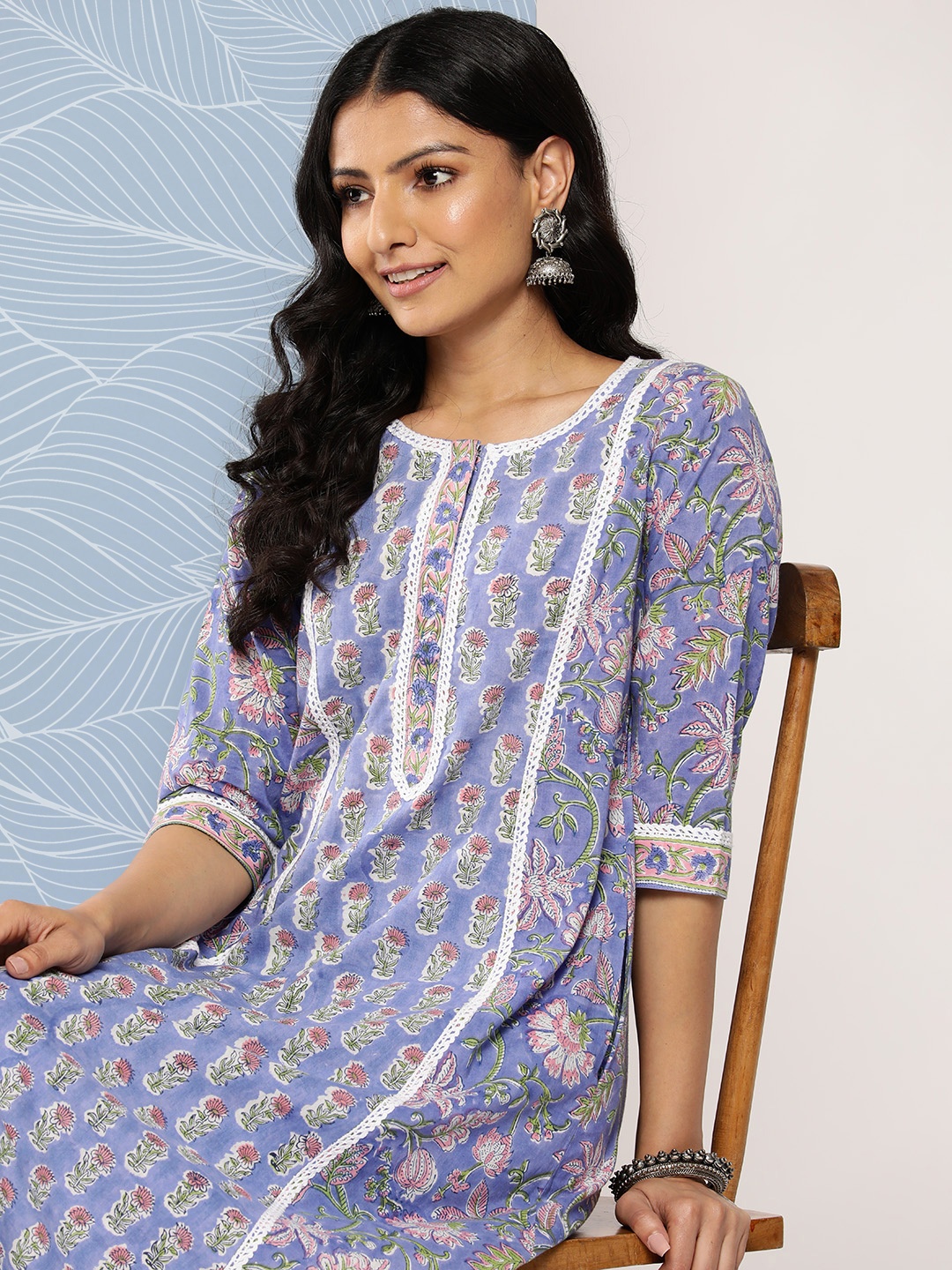 

Libas Floral Printed Pure Cotton Kurta with Trousers, Blue