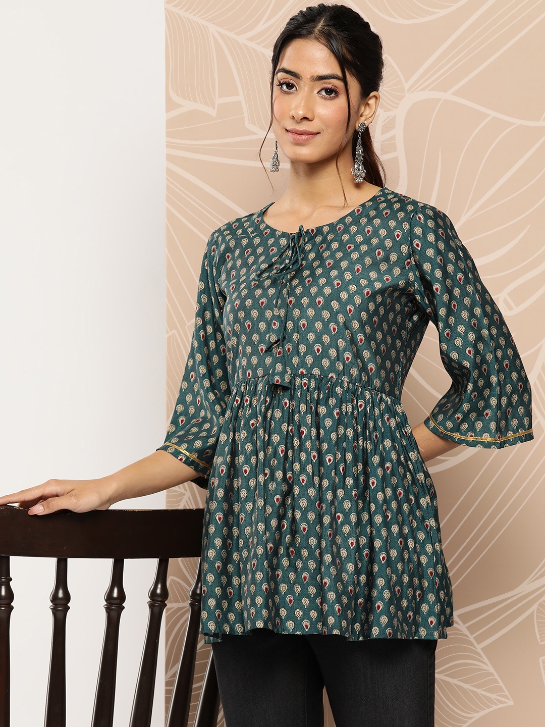 

Libas Ethnic Motifs Printed Flared Sleeves Gotta Patti Empire Kurti, Blue