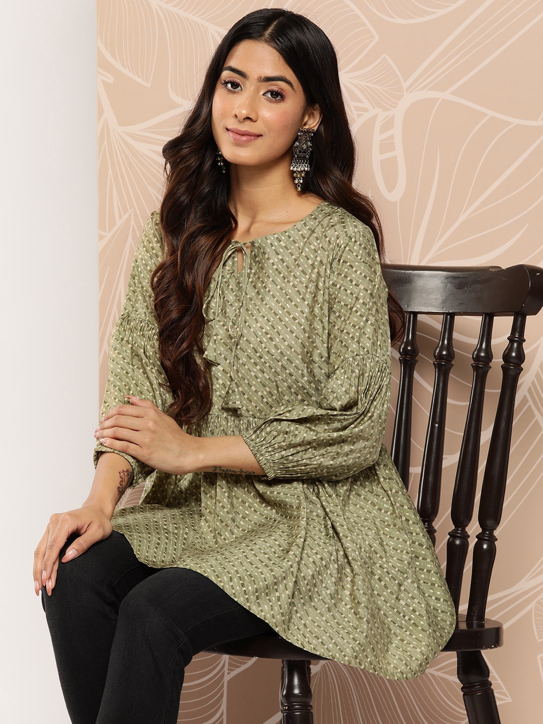 

Libas Printed Empire Puff Sleeves Kurti, Olive