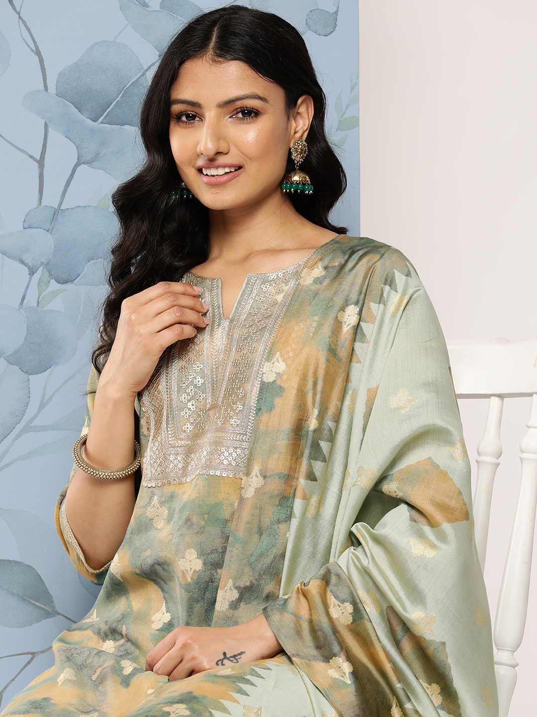

Libas Floral Yoke Design Kurta with Trousers & With Dupatta, Green