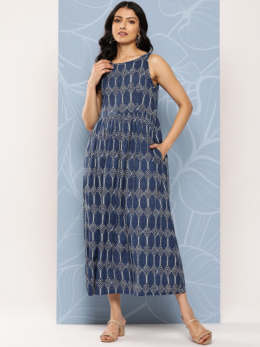 

Libas Blue Print Fit & Flare Maxi Dress