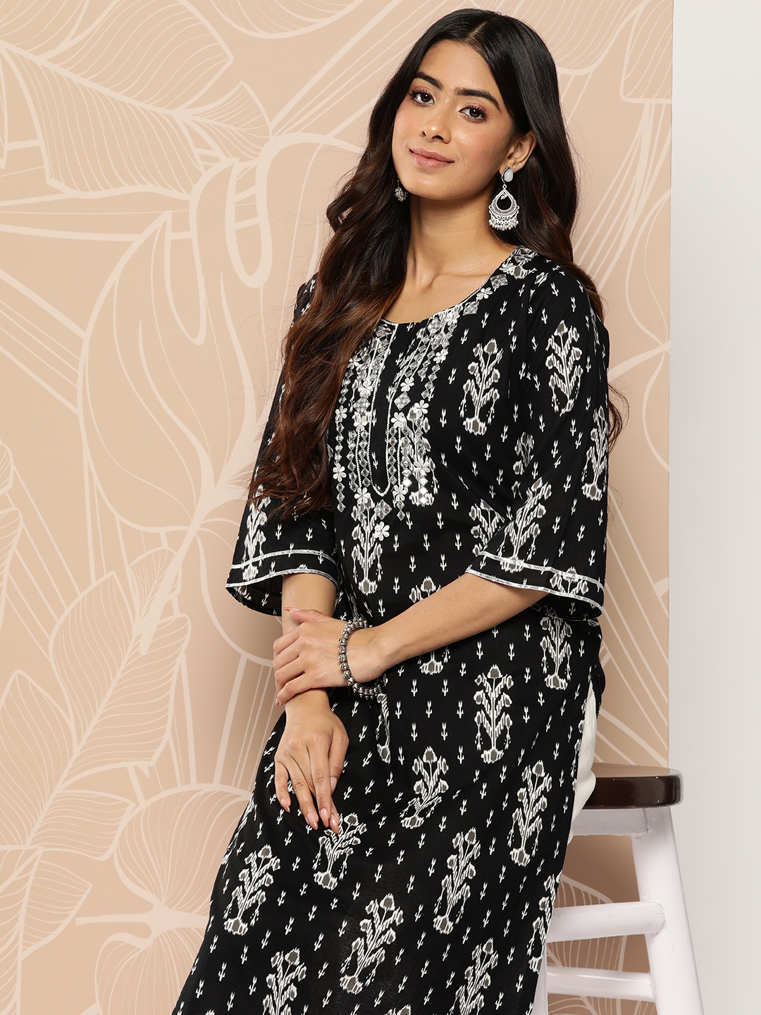 

Libas Ethnic Motifs Embroidered Flared Sleeves Gotta Patti Kurta, Black