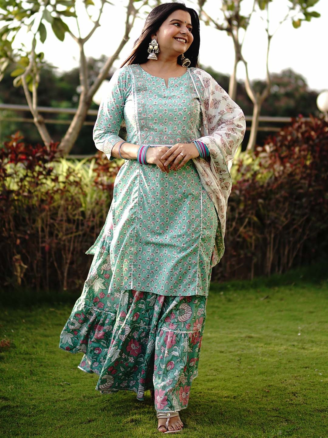 

Libas Floral Printed Gotta Patti Pure Cotton Kurta with Skirt & With Dupatta, Green