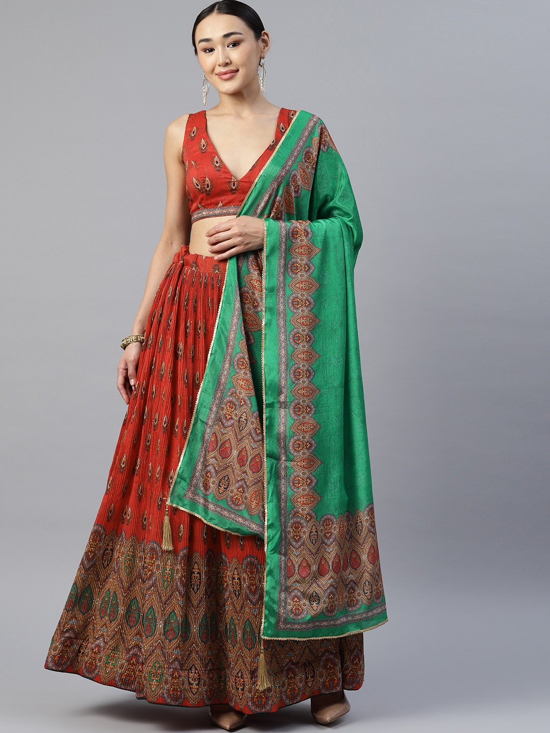 

Readiprint Fashions Red & Green Printed Unstitched Lehenga & Blouse With Dupatta