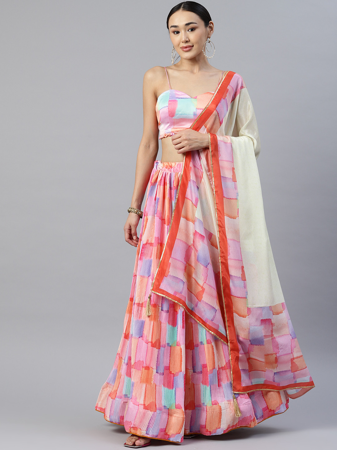 

Readiprint Fashions Printed Unstitched Lehenga & Blouse With Dupatta, Pink
