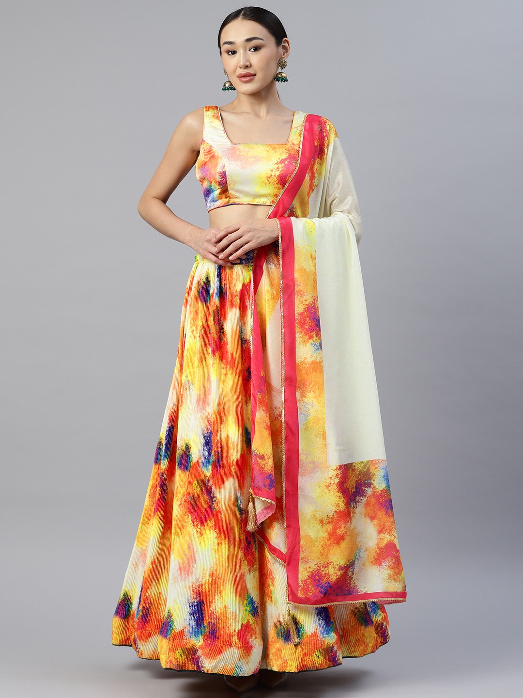 

Readiprint Fashions Printed Unstitched Lehenga & Blouse With Dupatta, Orange