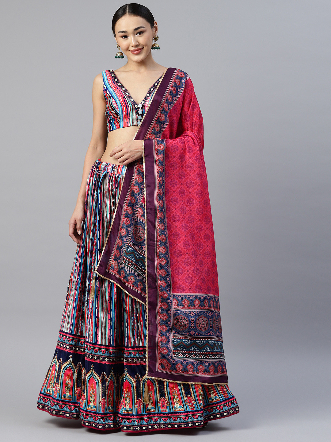

Readiprint Fashions Printed Unstitched Lehenga & Blouse With Dupatta, Navy blue
