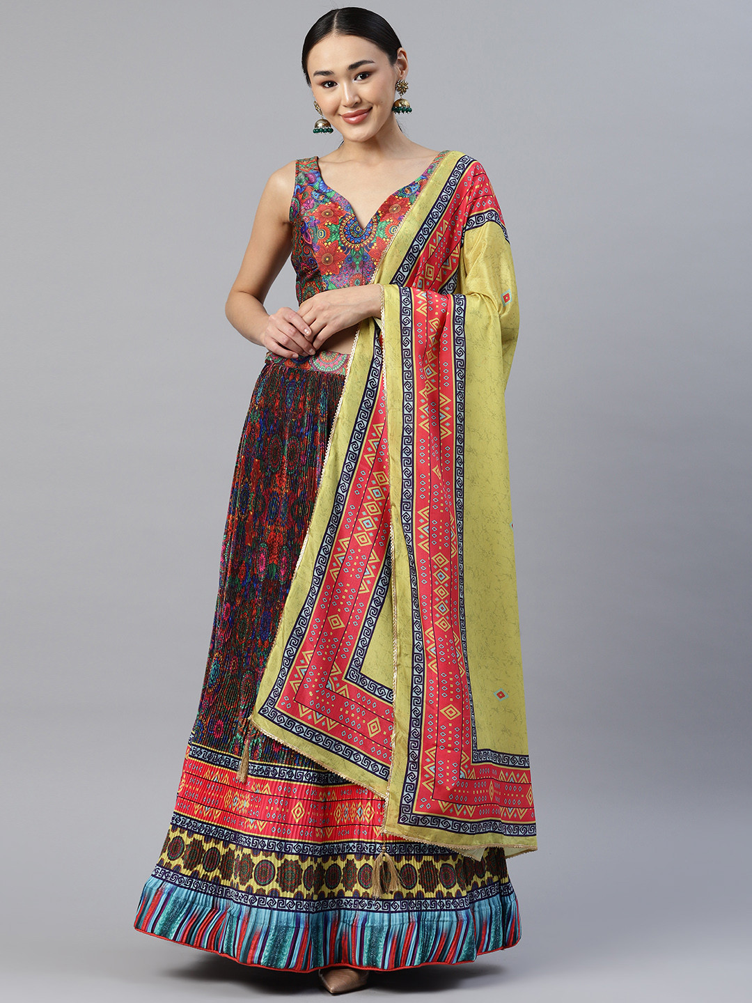 

Readiprint Fashions Printed Unstitched Lehenga & Blouse With Dupatta, Red